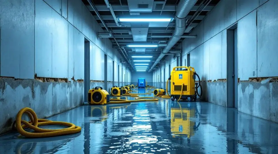 Commercial restoration crew using industrial water extractors inside a flooded Centennial office building hallway.
