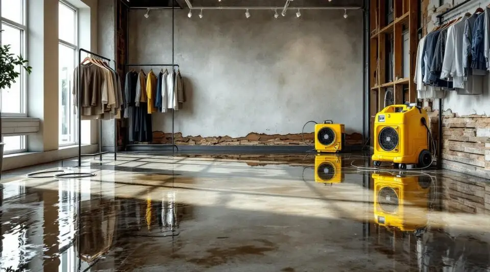 Commercial restoration technicians using water extraction equipment on a flooded retail store floor in Centennial, Colorado.