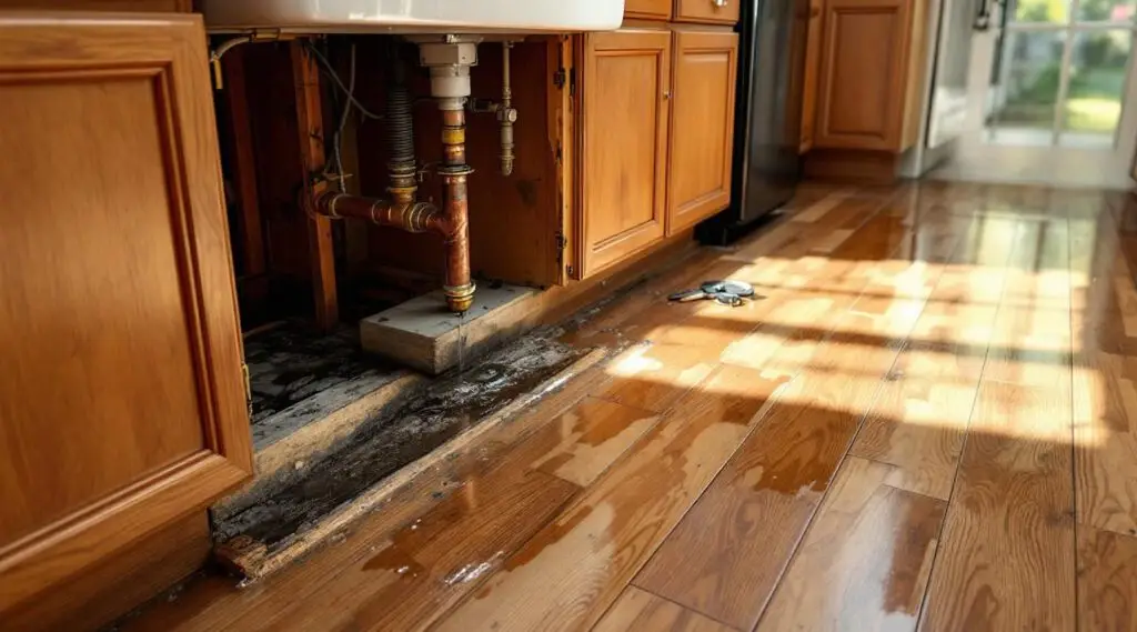 A technician drying water-damaged kitchen cabinets in a Centennial home using specialized air movers.