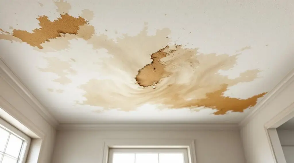 A technician inspecting a water-damaged drywall ceiling with a moisture meter in a Centennial home to find hidden leaks.