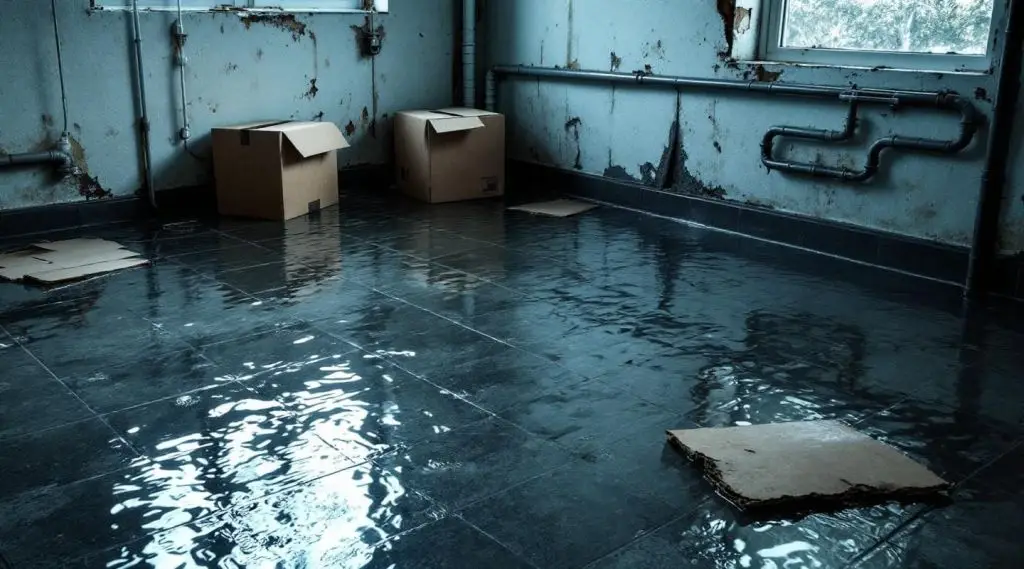 A professional restoration technician using water extraction equipment on a flooded basement floor in Centennial.