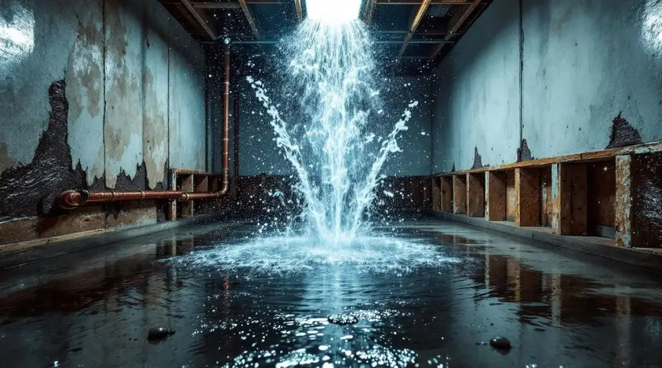 A professional water extraction technician setting up a commercial dehumidifier in a flooded Centennial basement.