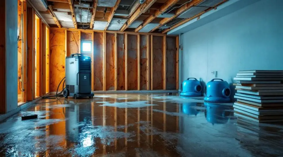 Professional technician using water extraction equipment on flooded hardwood floors in a Centennial residential home.