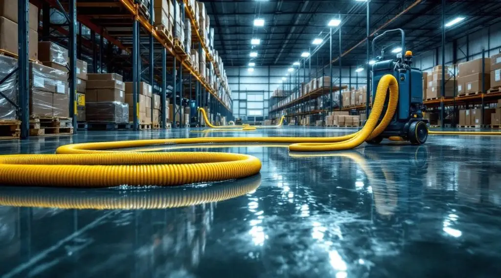 Industrial water extraction truck and technicians pumping water out of a flooded Centennial warehouse.