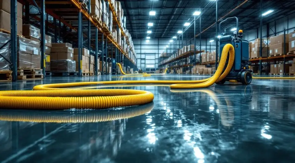 Industrial water extraction truck and technicians pumping water out of a flooded Centennial warehouse.