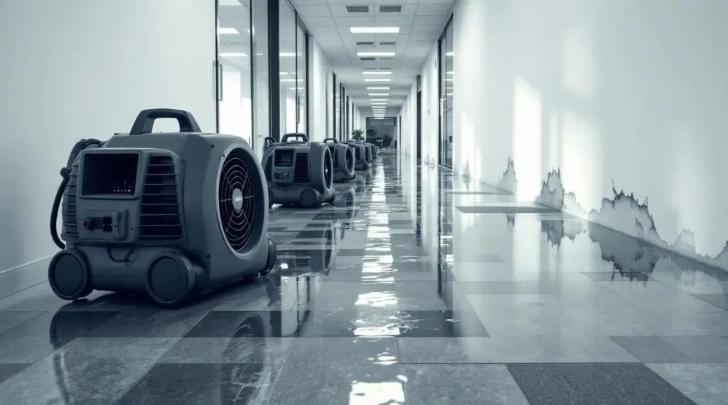Commercial restoration technicians setting up industrial air movers in a flooded Centennial office lobby.
