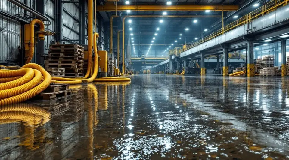 Commercial water extraction crew using heavy-duty truck-mounted pumps in a flooded Centennial warehouse facility.
