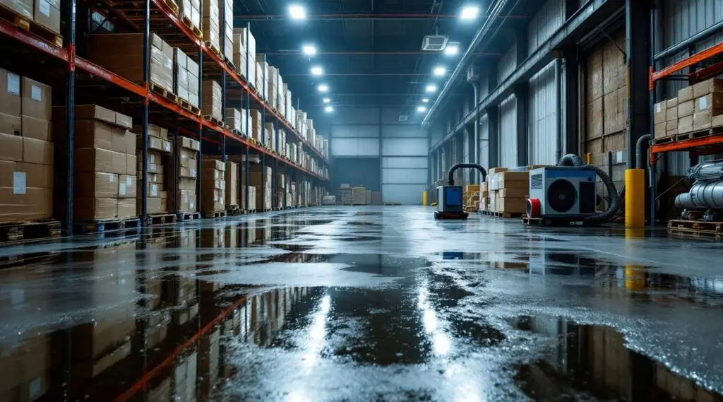 Commercial water extraction truck and air movers inside a flooded Centennial industrial warehouse with dramatic lighting.