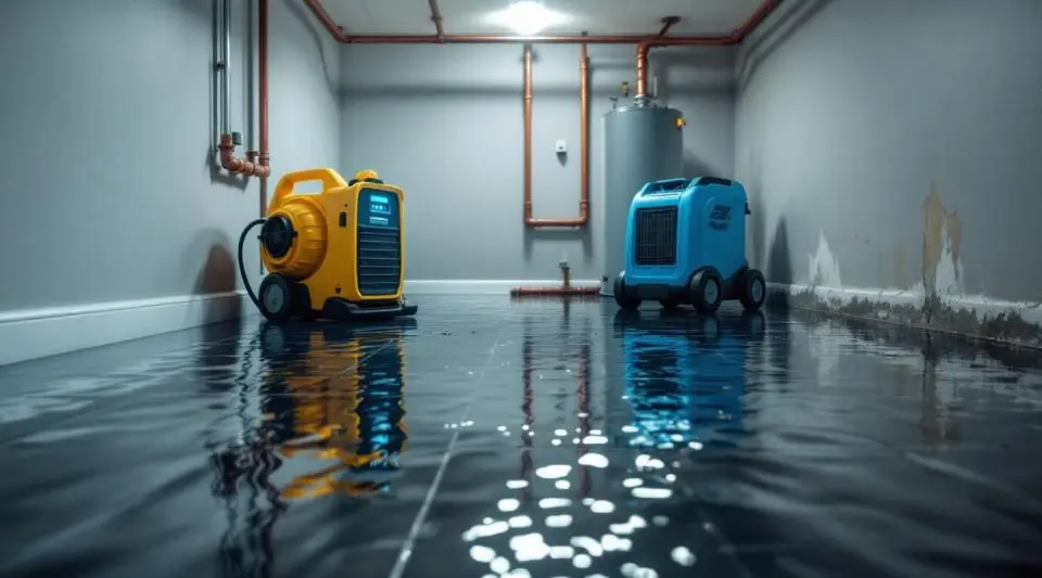 Professional technician extracting water from a flooded basement floor in a Centennial home using a truck-mount extractor.