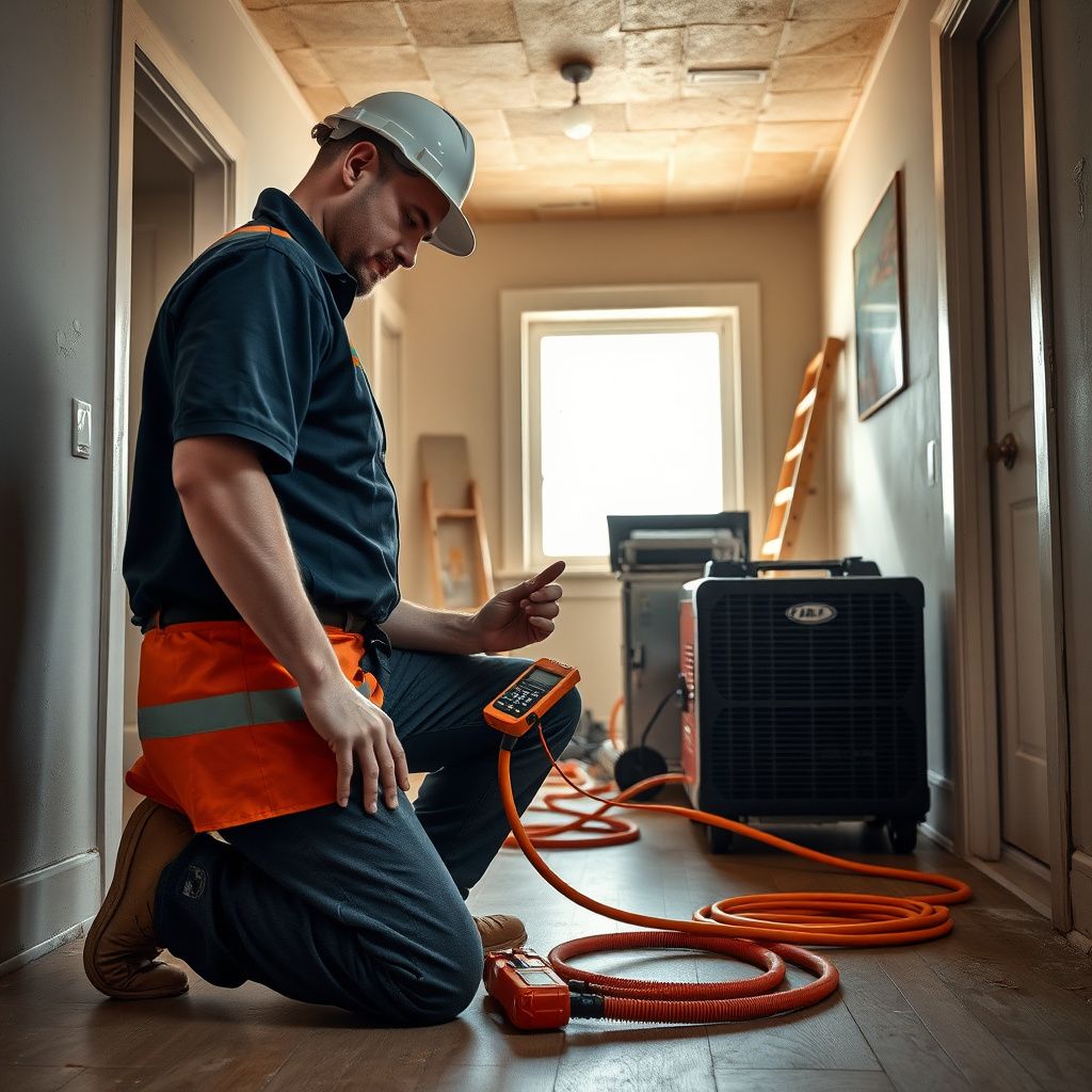 An IICRC-certified technician using a thermal imaging camera to detect hidden moisture behind a drywall wall in a Denver home.