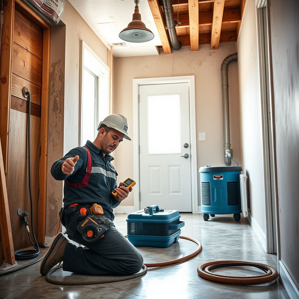 A Master Core Restoration technician using a moisture meter to check a drywall partition in a Centennial home.
