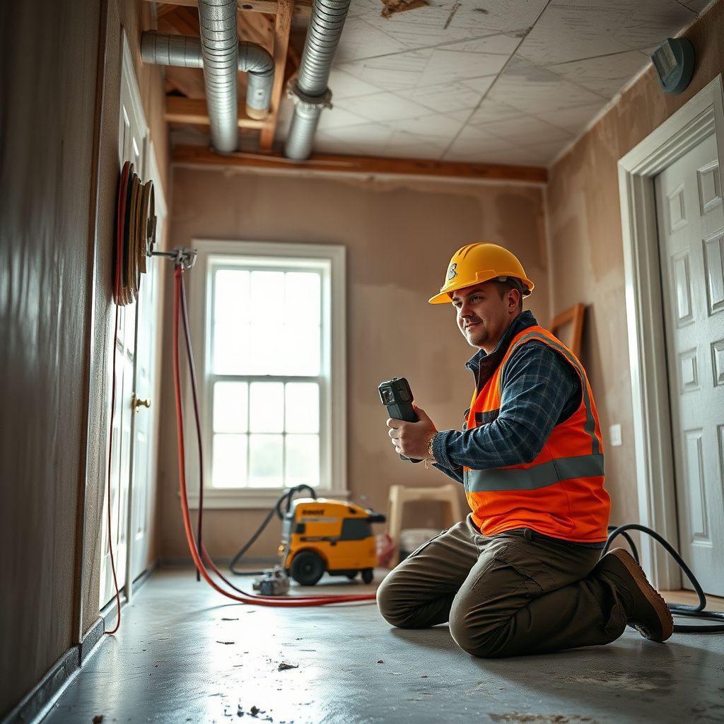 An IICRC-certified technician using a moisture meter to inspect a drywall panel in a Littleton property.