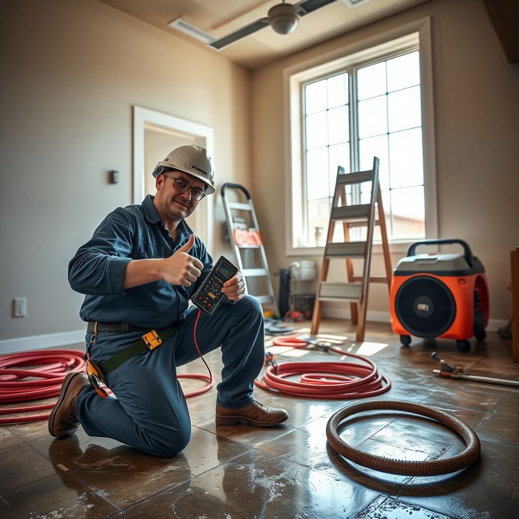 A professional restoration technician setting up high-velocity air movers in a Lone Tree basement.