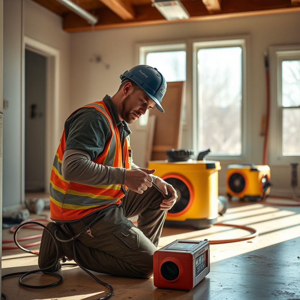 A technician checking moisture levels on a drywall surface in an Aurora home using a non-penetrating moisture meter.
